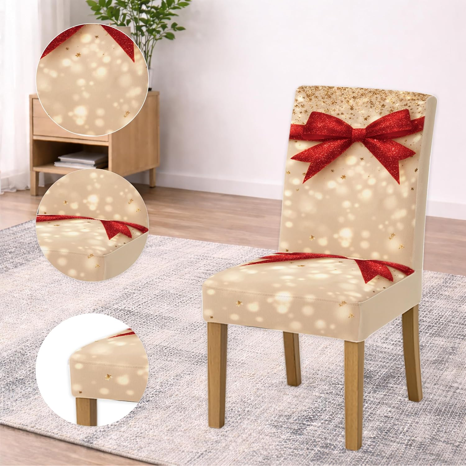 Red Bow Dining Chair Covers Set of 4 for Dining Room, Ivory Glitter