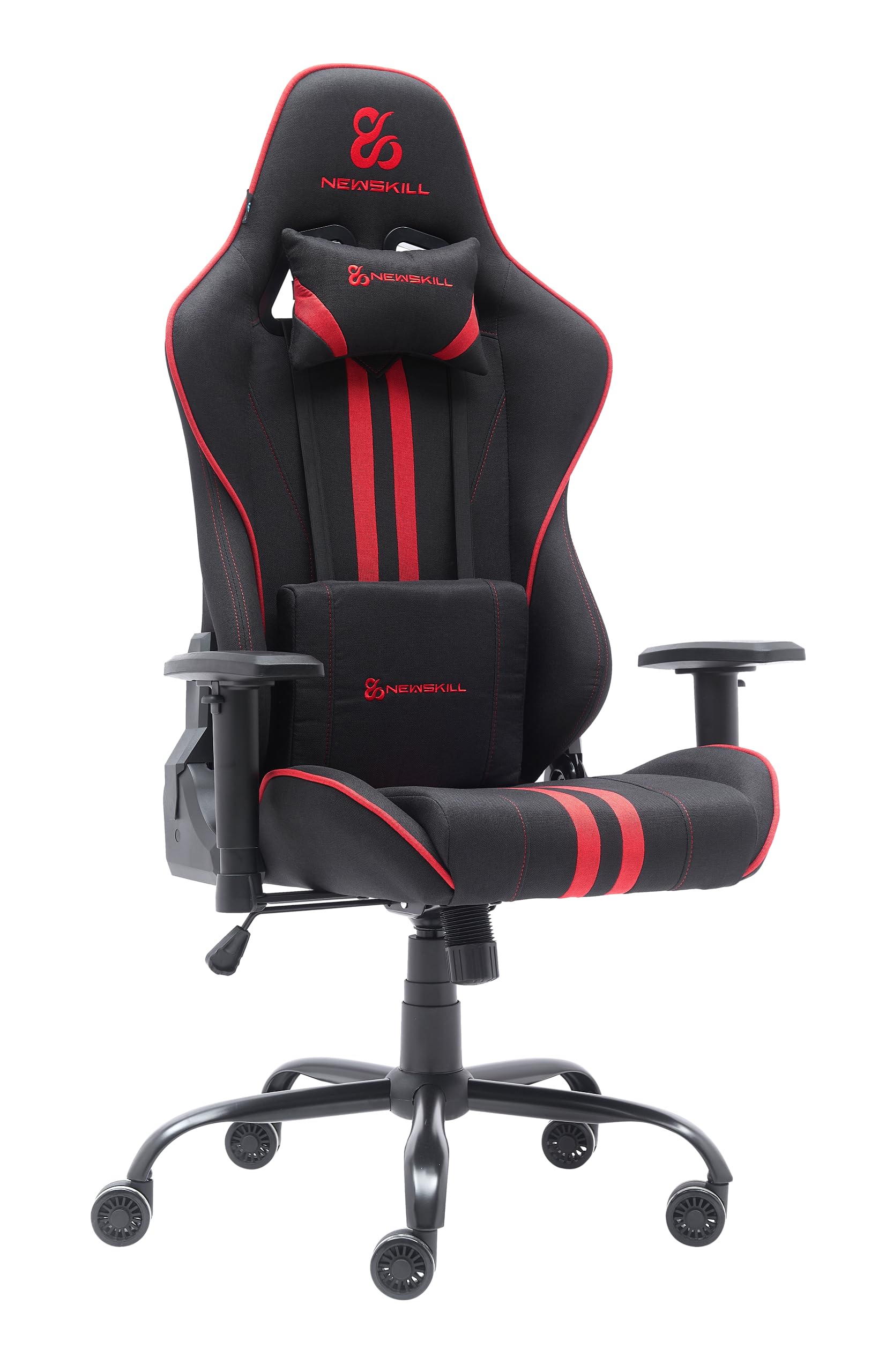 NEWSKILL KitsuneV2 Ergonomic Gaming Chair, 180 Degree Reclining Backrest, 2D Adjustable Armrests, Lumbar and Cervical Cushions, Quiet XL Wheels, Breathable Fabric, Red