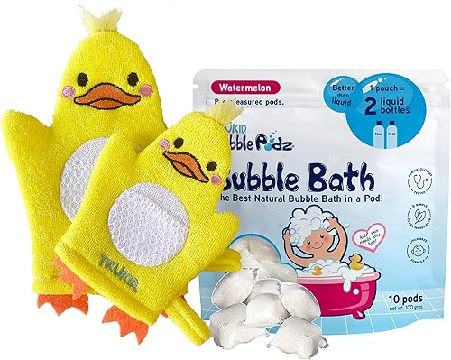 TruKid Juego de sandía Bubble Podz & BubbleGlove - Cápsulas de baño de burbujas y 2 guantes de lavado para niños pequeños y niños