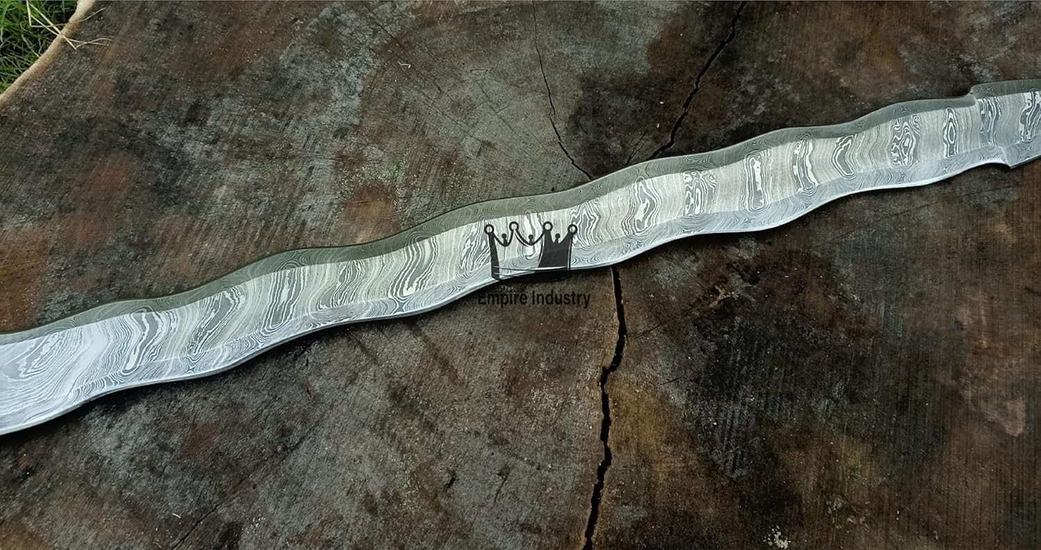 Empire - 32 Inch Long - Sharpe Edges - Handmade Damascus Steel Double Edge Flamberge Sword with Sheath - Olive Wood Grip - Hand Forged Hunting Sword - Best Gift for Him