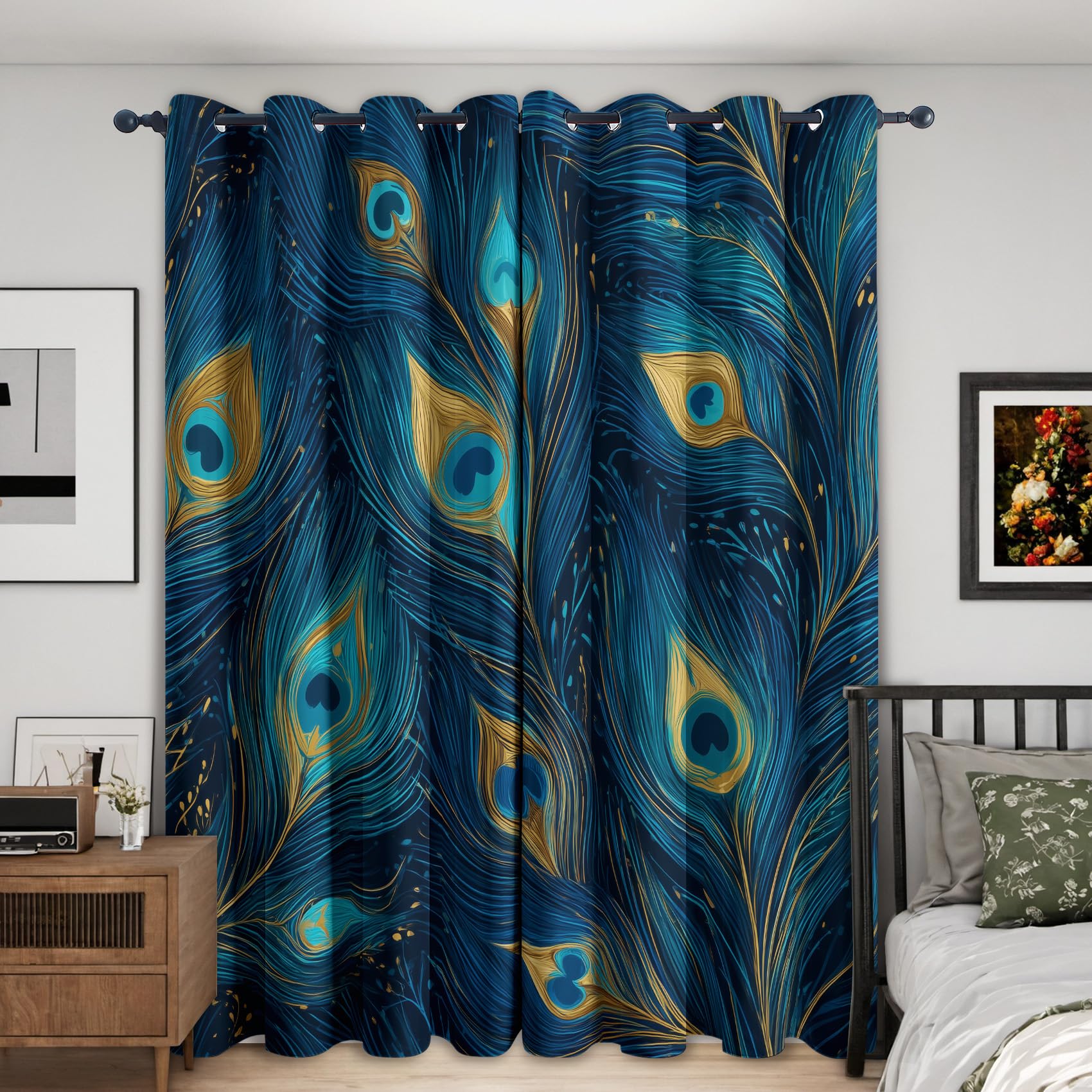 Peacock Feathers Blackout Curtains Bedroom 46 x 90, Modern Peacock Blue Curtains for Home Decor, Living Room, Thermal Eyelet Patterned Window Drapes, 90 Inch Drop 2 Panels HD106 โ image 1