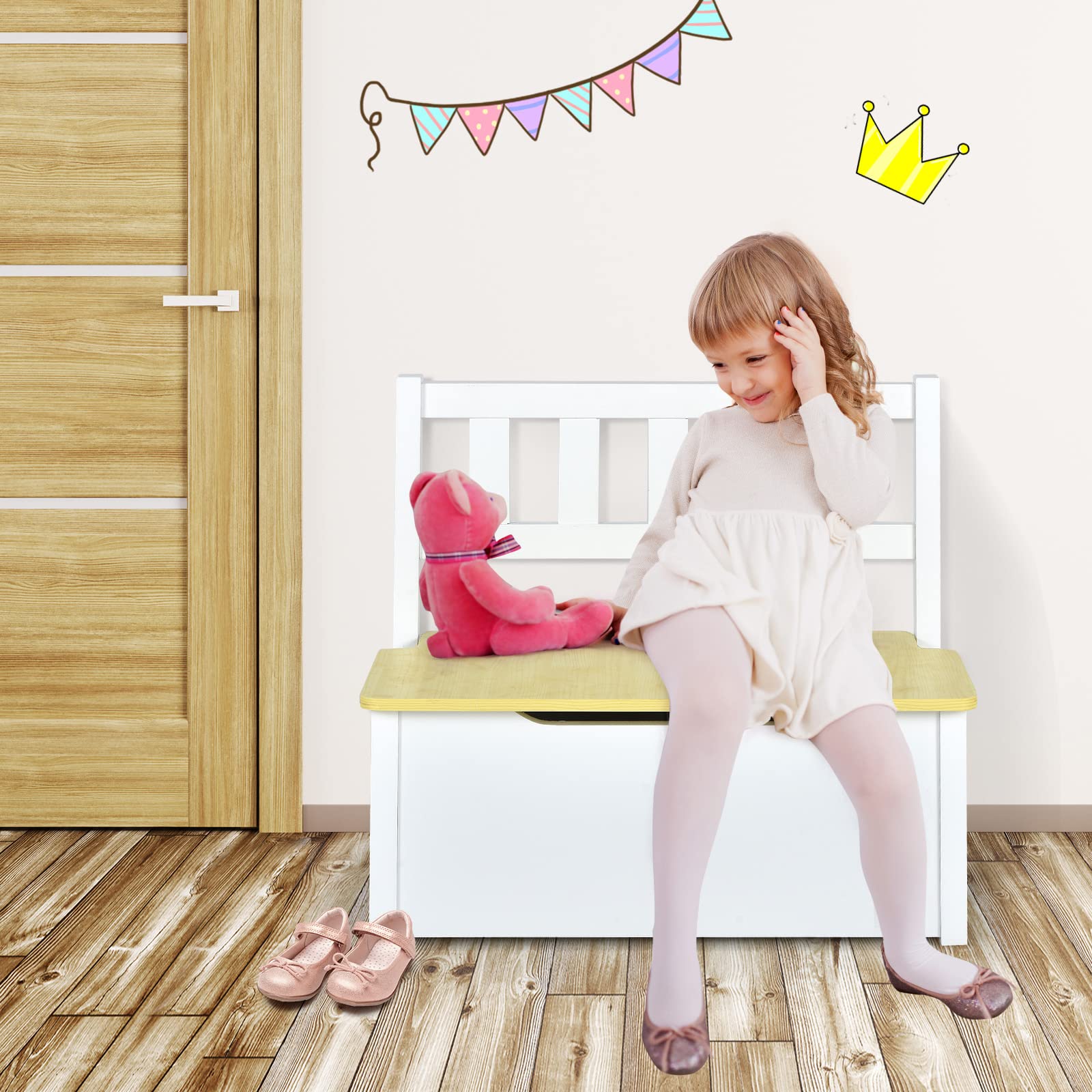 COSTWAY Set 4 Pezzi Tavolo e Sedie per Bambini, 2 in 1 Tavolino Attività di Legno per Bambini con 2 Sedie e 1 Panca, per Giocare Disegnare Leggere e Mangiare (Naturale)