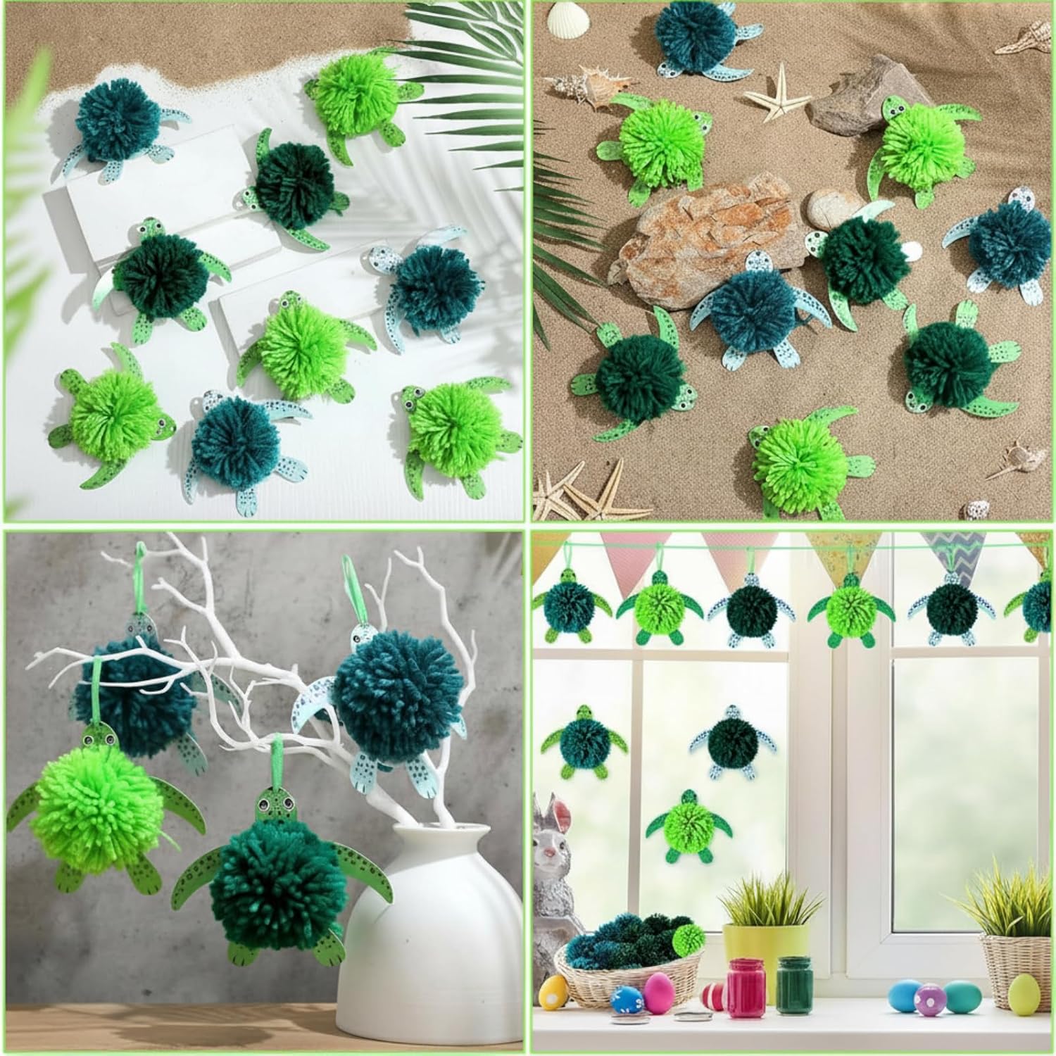 Hollowfly 24 Pcs Turtle Party Birthday Decorations Cardboard Craft Kit Fluffy Yarn Turtle Craft with Paper Cutouts Yarn Pom Poms Stickers DIY Project Art Activities Summer Ocean Sea Hanging Decor