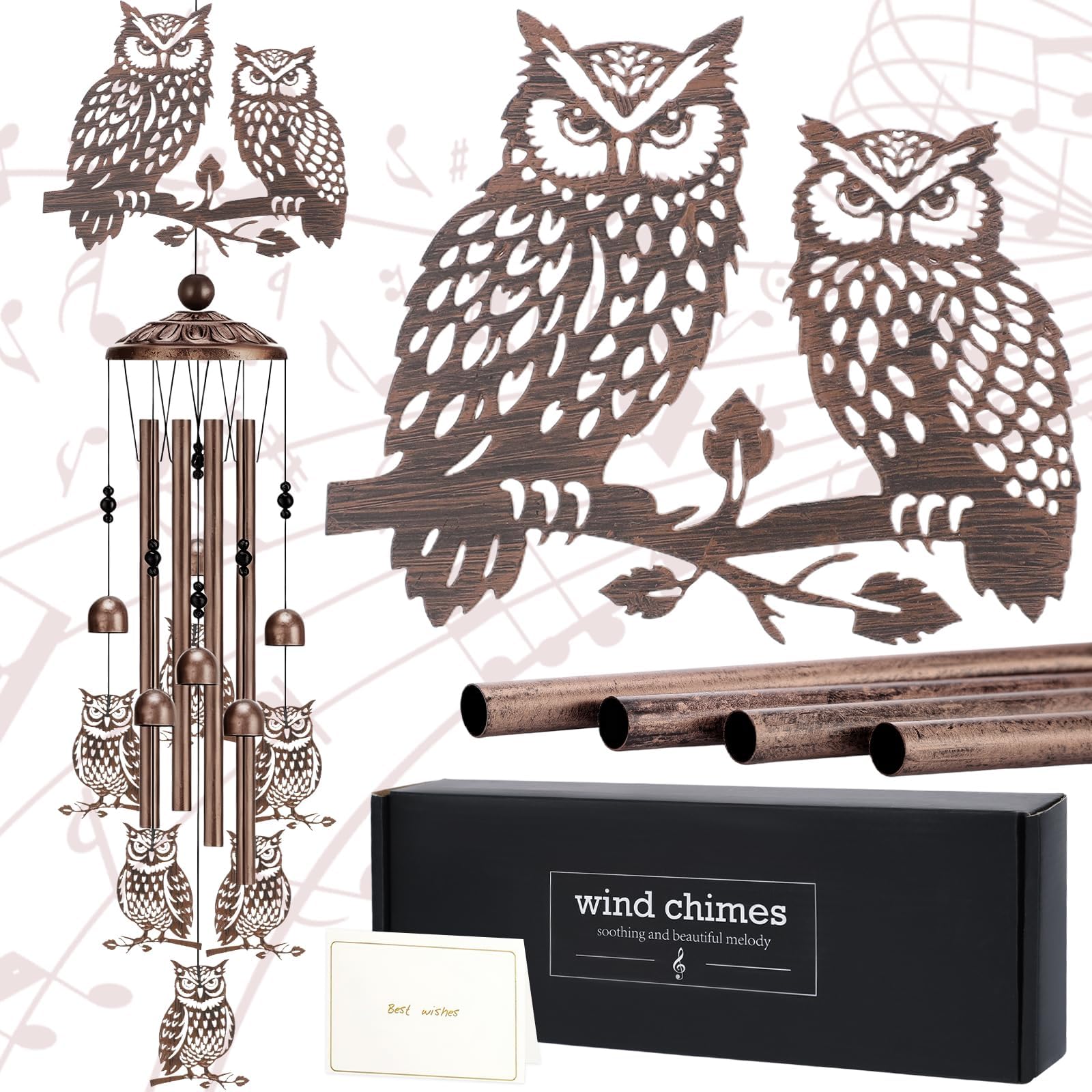 Wind Chimes for Outside - Owl Gifts for Women Mom Grandma Metal Windchimes with Greeting Card Indoor Outdoor Art Decor Garden Patio Lawn Hanging Decoration Christmas New Year Birthday Gift