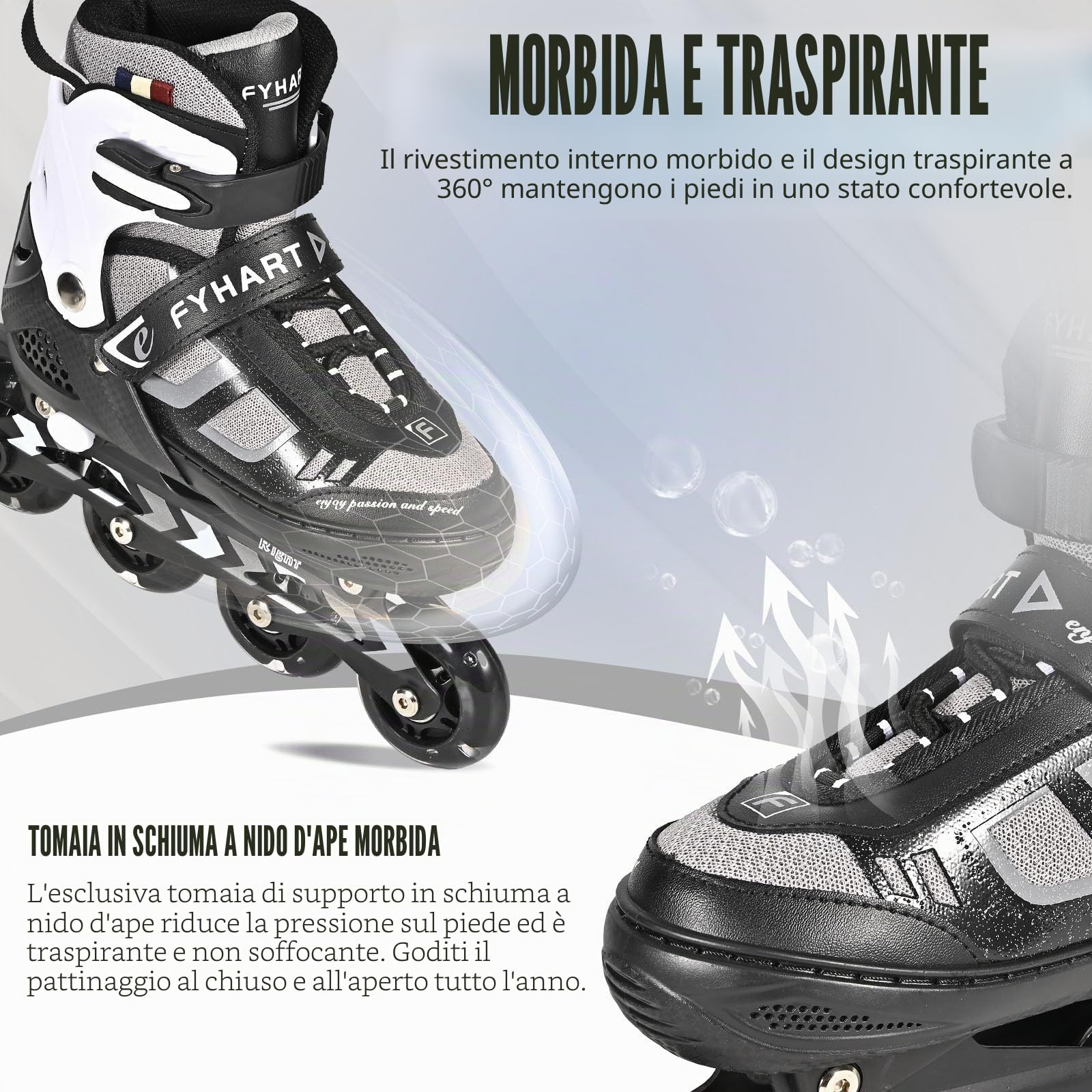 Pattini in linea regolabili per bambini e adulti, a 4 ruote con ruote luminose, Nero Bianco