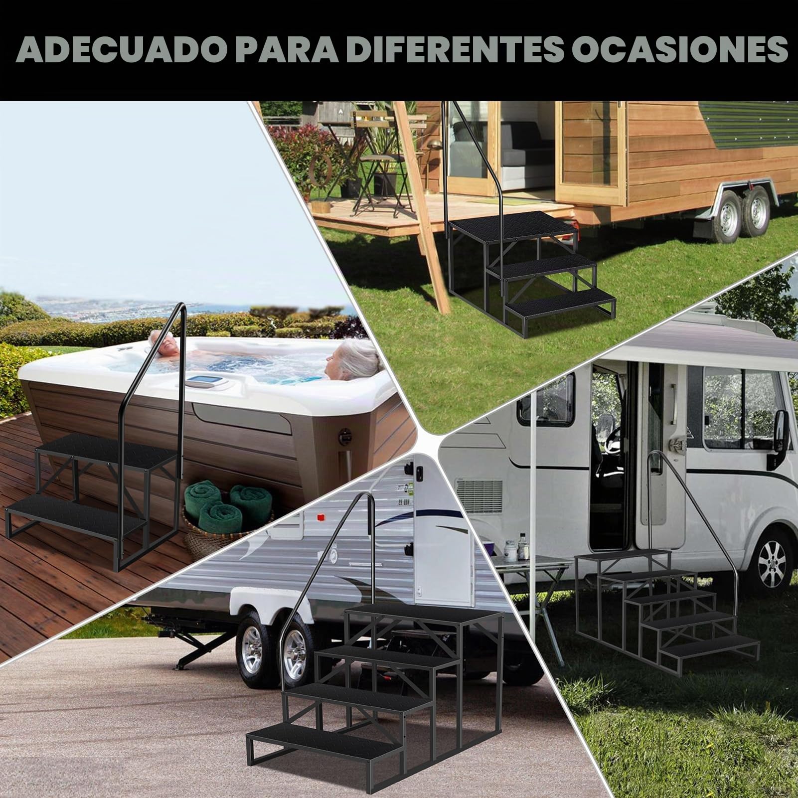 Escalera 3 peldaños con 2 Asa, Eescadote Antideslizante para Autocaravana, Estanteria Escalera Litera Caravana de Acero máx 300 kg