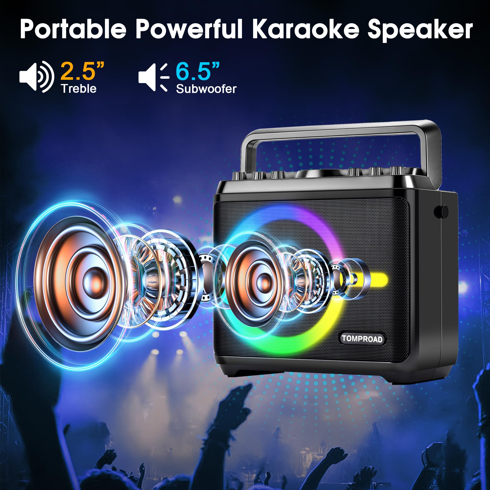 Macchina per karaoke, altoparlante Bluetooth con 2 microfoni wireless, sistema PA portatile per adulti e bambini con luci LED, regolazione dei bassi/acuti, scheda TF/USB, REC per feste a casa(nero)