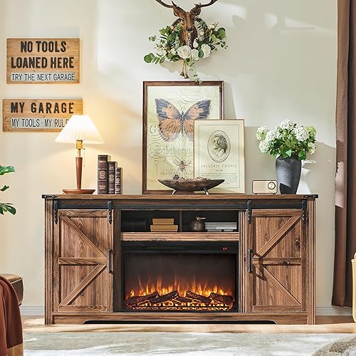 Miniatura 9 de JXQTLINGMU Soporte de TV con chimenea de granja para TV de 75,80 pulgadas, centro de entretenimiento de 32 pulgadas de alto con 4 cajones y puerta