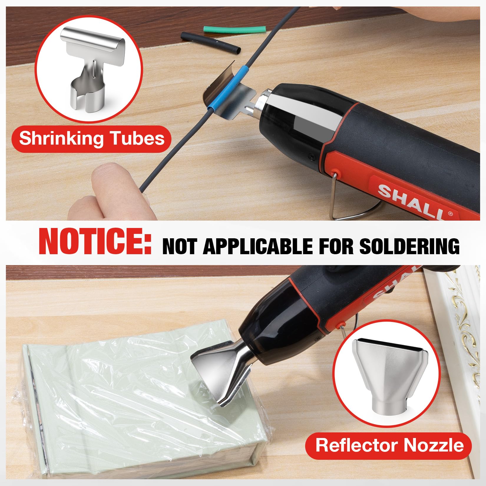 SHALL Mini pistolet thermique, pistolet à air chaud portable avec buse réflectrice et support pliable, 230 °C/400 °C, pour travaux manuels, film rétractable et séchage de l'encre