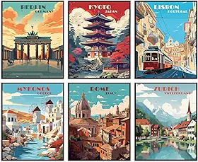 Conjunto de 6 pôsteres vintage de cidade de viagem, sem moldura (20.3 cm x 25.4 cm), cidades populares para decoração de parede, arte paisagística, decoração de quarto (Viagem Cidade C, 20 x 25)