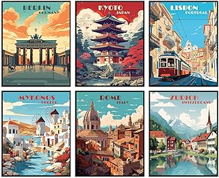 Travel City Posters Trendy Cities Travel Vintage Poster Set of 6 Unframed (8''x10'') Popular Cities Poster For Wall Decor Landscape Poster City Wall Art for Aesthetic Room Decor (Travel City C, 8 x 10 Inch)