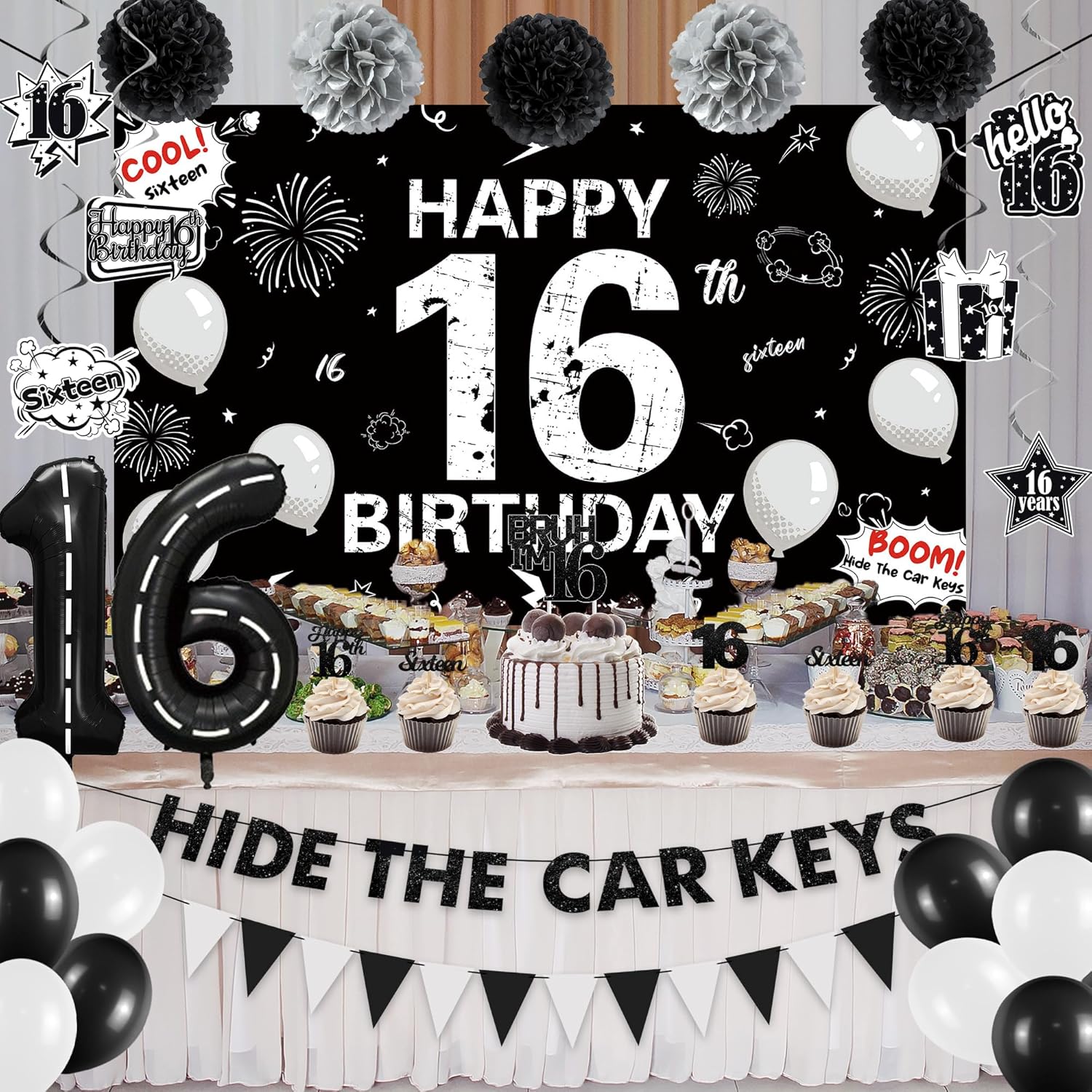 Holkcog 16th Birthday Party Decorations for Boys, Hide The Car Keys 16 Years Old Banner, Black 16th Number Balloons & Cake Topper, Glitter Black Sweet 16 Party Honeycomb Hanging Swirl, Bro I'm 16