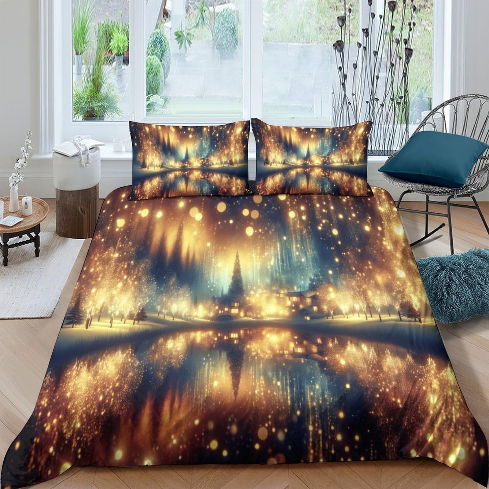 Ctjqhvkz Style-4 3D Printed Golden Fairy Lights Fitted Sheet Microfiber Soft Dreamy Forest Mattress Cover For Bedroom Guest Room Decor Single（135X200cm）