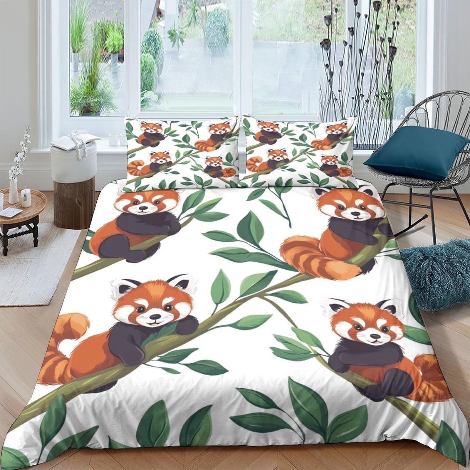 GPLZQXKJNH 3D Printed Red Panda Duvet Cover Microfiber Soft Breathable Bamboo Leaves Bedding Set with 2 Pillowcases for Bedroom Decor Single（135x200cm）