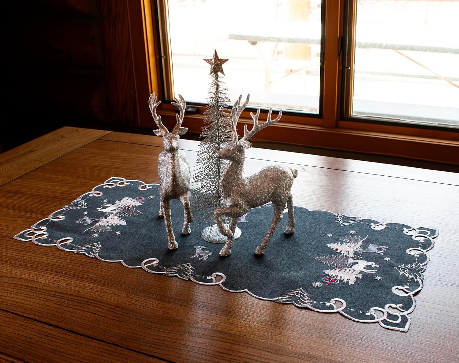 Embroidered Christmas Holiday Silver Reindeer & Christmas Scene on Dark Gray Rectangle Table Runner, Dresser Scarf (16Wx33L)