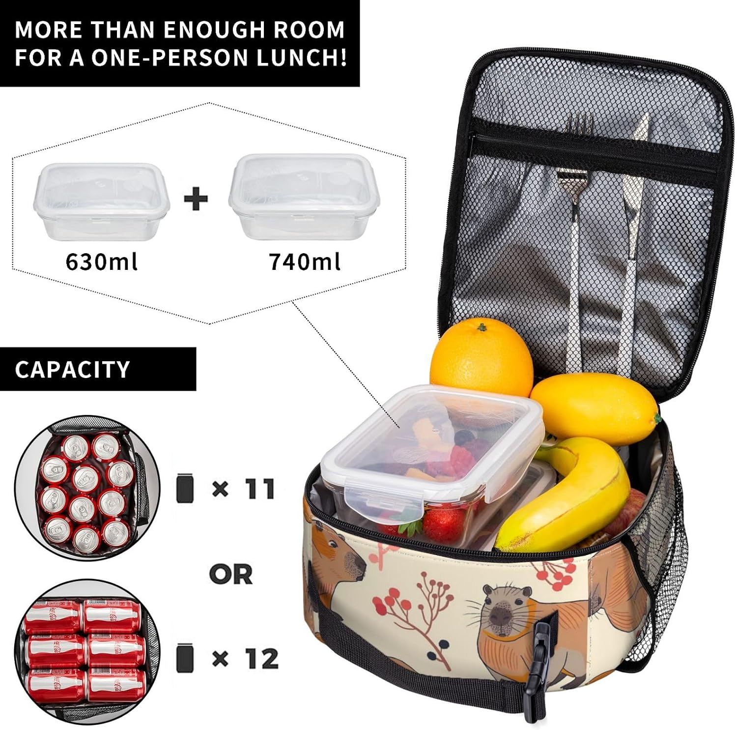 Capybara Lunch Box for Adults Women Girls Boys Kids Cute Animal Lunch Box Insulated Cooler Reusable Lunch Bag Container Gifts for Work Office Picnic Travel School image 4