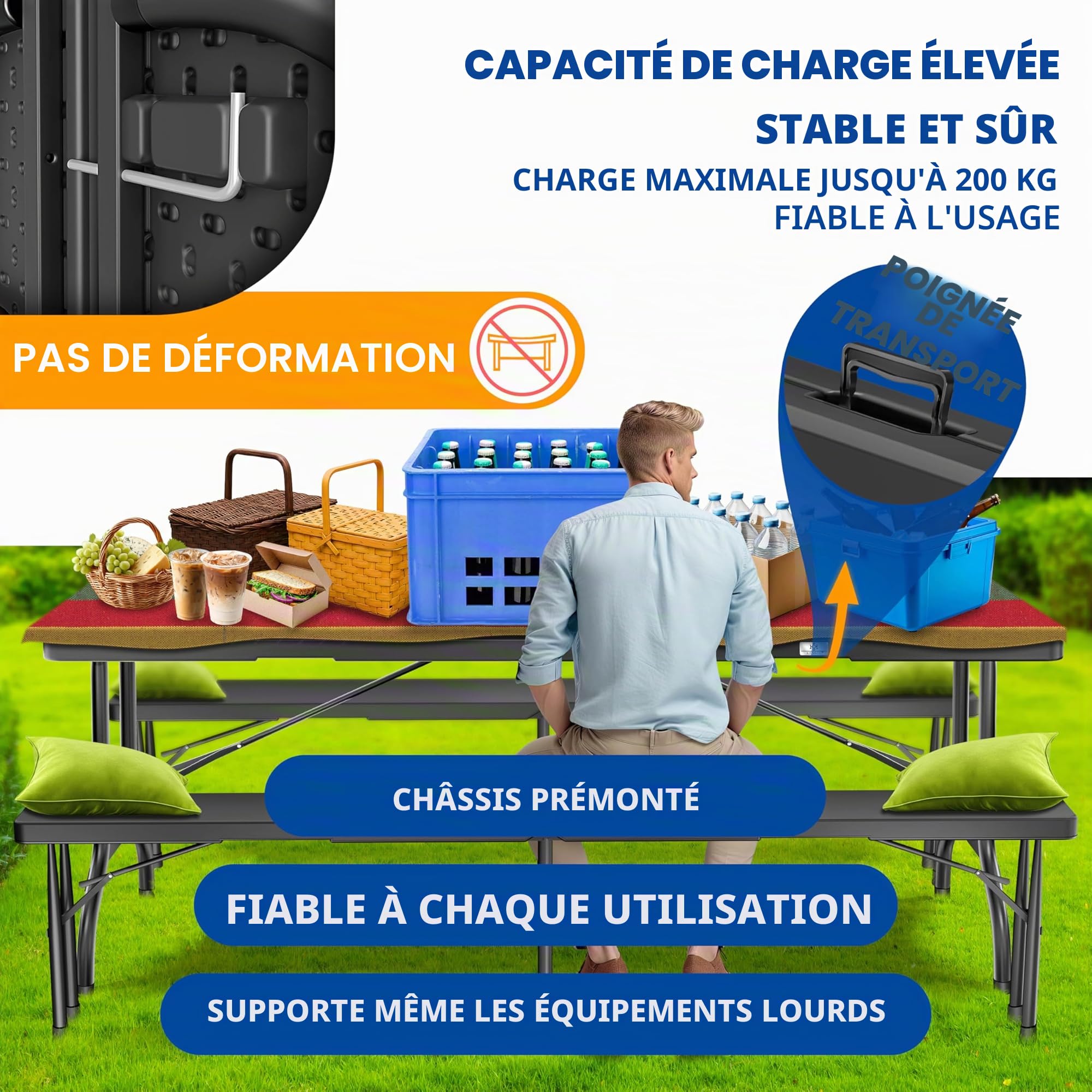 KESSER® Table de buffet, pliable, en plastique, 183 x 76 cm, idéale pour le camping, les fêtes, le jardin, la terrasse et le balcon, pour 6 personnes, avec poignée de transport, anthracite