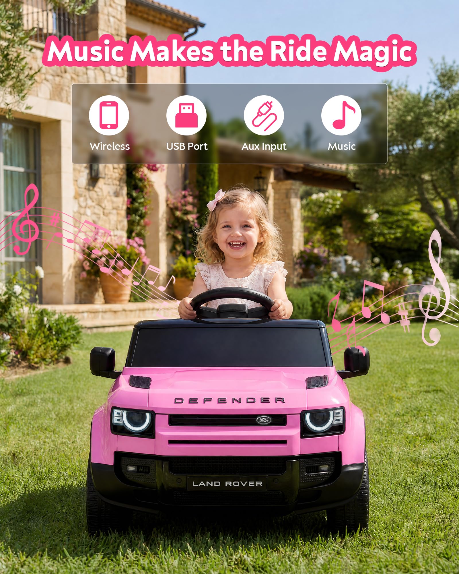 Auto elettrica da 12 V per bambini, con licenza Land Rover, con telecomando per genitore, soft start, 3 velocità, assorbimento degli urti, luci LED e musica, giocattolo elettrico per bambini, rosa