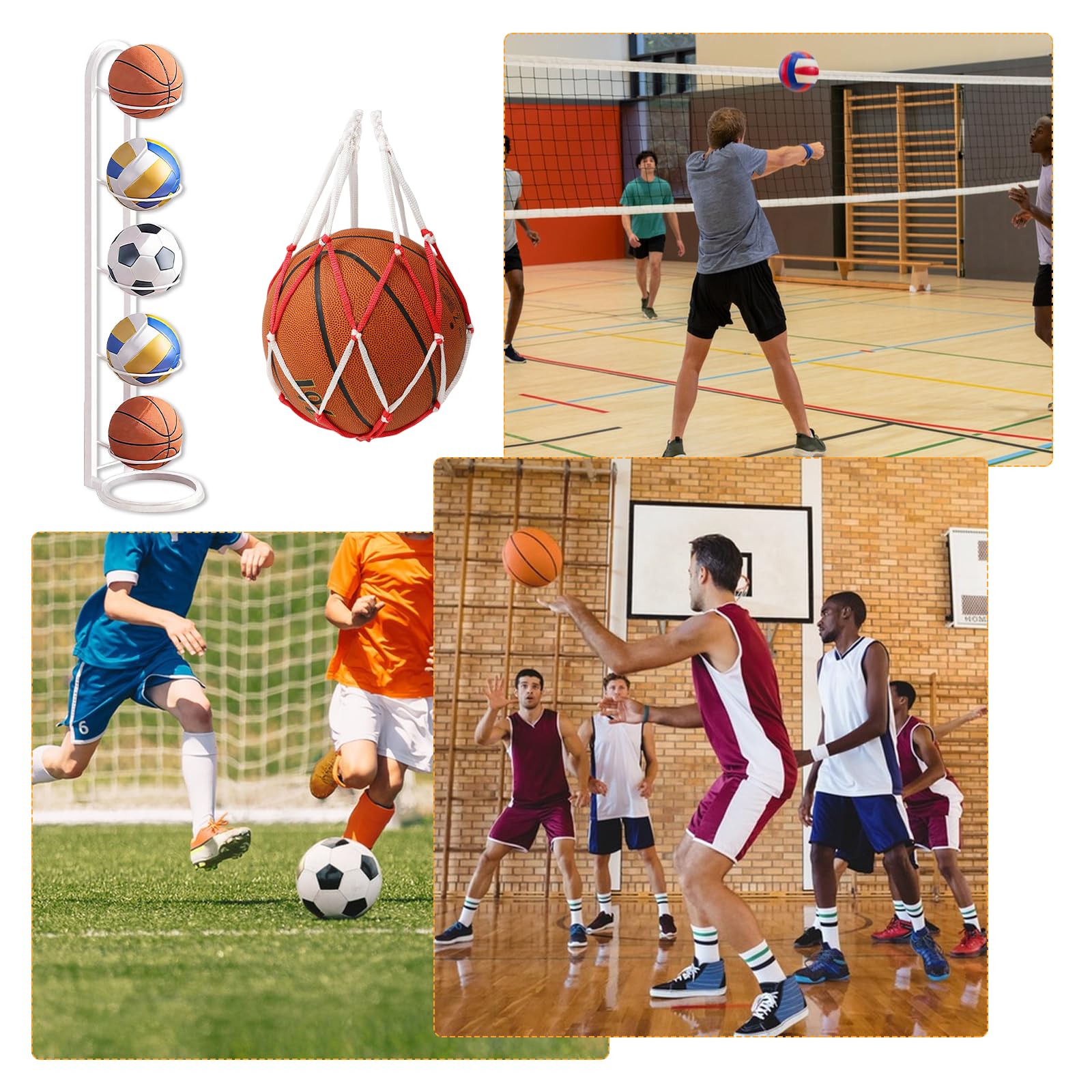 Soporte Balón Fútbol 5 Niveles Vertical con Bolsillo Malla Almacenamiento Hierro Extraíble Estable Baloncesto Fútbol Voleibol
