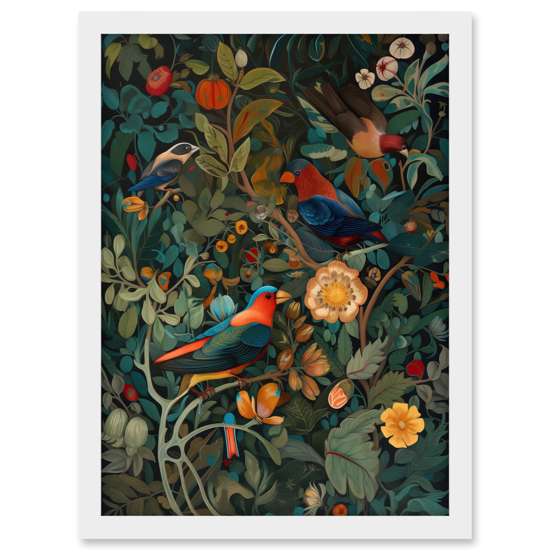 Artery8 Parrots on Exotic Blooming Trees Modern Folk Art Artwork Framed A3 Wall Art Print