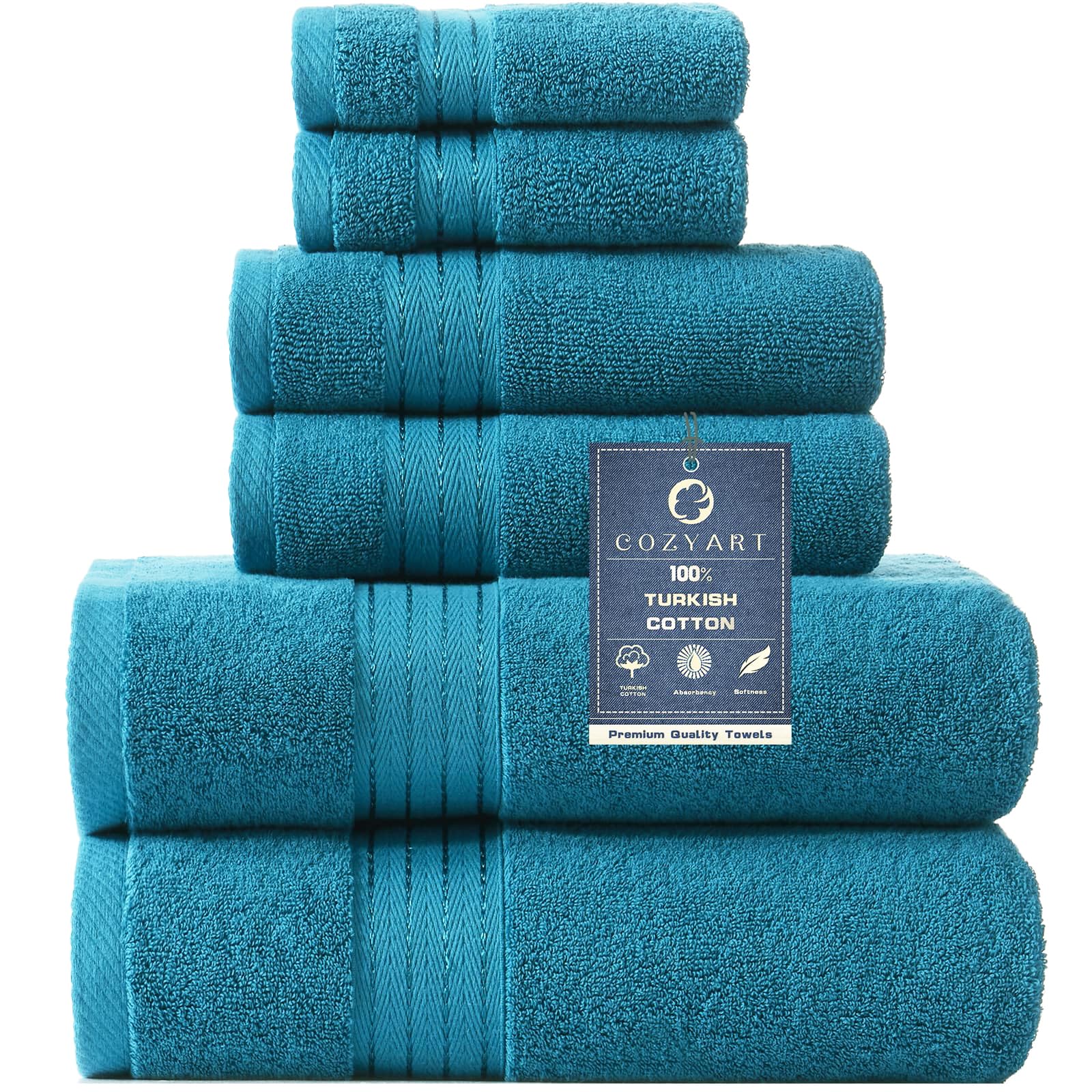 COZYART Teal Bath Towels Set for Bathroom Soft Absorbent Durable 650 GSM Turkish Cotton Towel Set of 6, 2 Large Bath Towels, 2 Hand Towels, 2 Washclothes