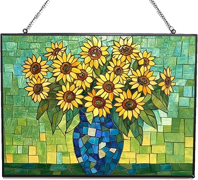 Customized Rectangle Mosaic Sunflower Pot Suncatchers for Windows, Stained Glass Window Hangings,Hand-Painted Glass Panel Perfect for Home Decor