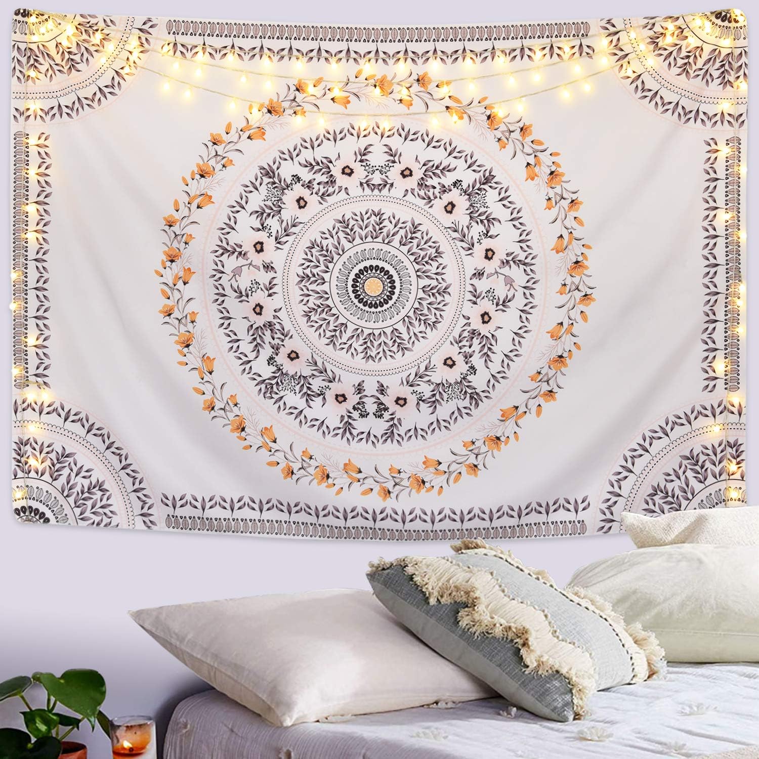 Sketched Floral Medallion Tapestry Bohemian Mandala Tapestries Hippie Tapestry Flower Vines Plant Tapestry Wall Hainging for Room(51.2 x 59.1 inches)