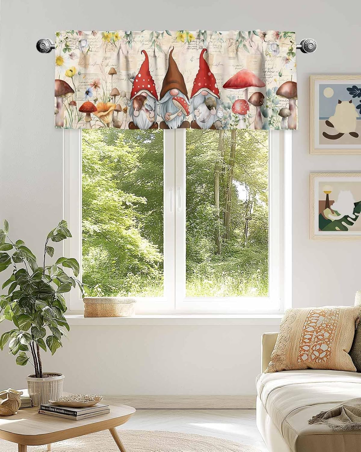 Kitchen Valances for Windows, Farm Gnome Mushrooms Daisy Valance Curtain Rod Pocket Valance, Retro Floral Leaves Short Curtains Window Topper for Bedroom Bathroom Living Room 42x12in