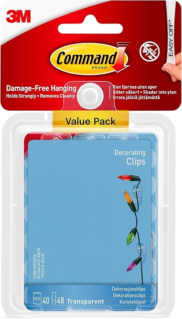 Command Decorating Clips, Value Pack of 40 Mini Hooks and 48 Small Adhesive Strips, Transparent - Hanging Clips for Decorations and Fairy Lights, Wall Adhesive - Damage Free Hanging ,Pack of 1