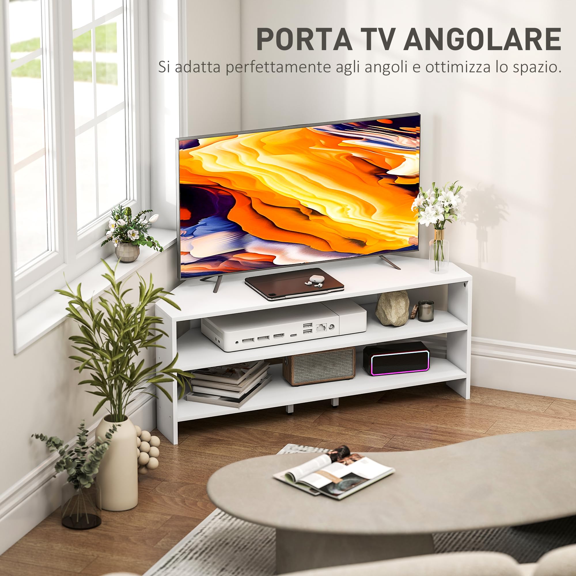 HOMCOM Mobile TV ad Angolo 47" max con 2 Ripiani Aperti, Mobile porta TV Moderno in Truciolato, per Camera da Letto e Soggiorno, 110x36x45 cm, Bianco