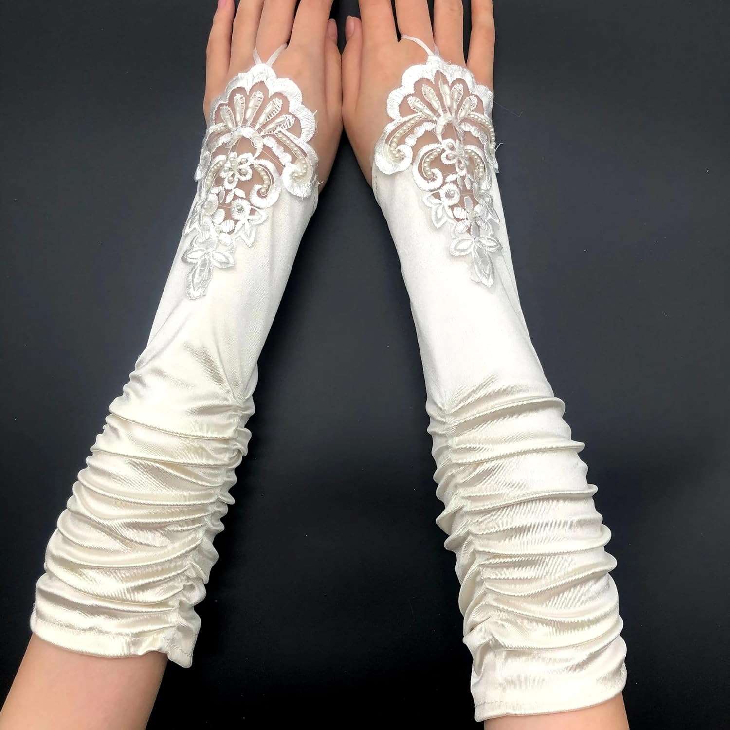 Specell Fingerless Satin Gloves Long Stretchy Fingerless Glove for Bridal Wedding Evening Prom Party Opera Halloween Costumes - Image 2