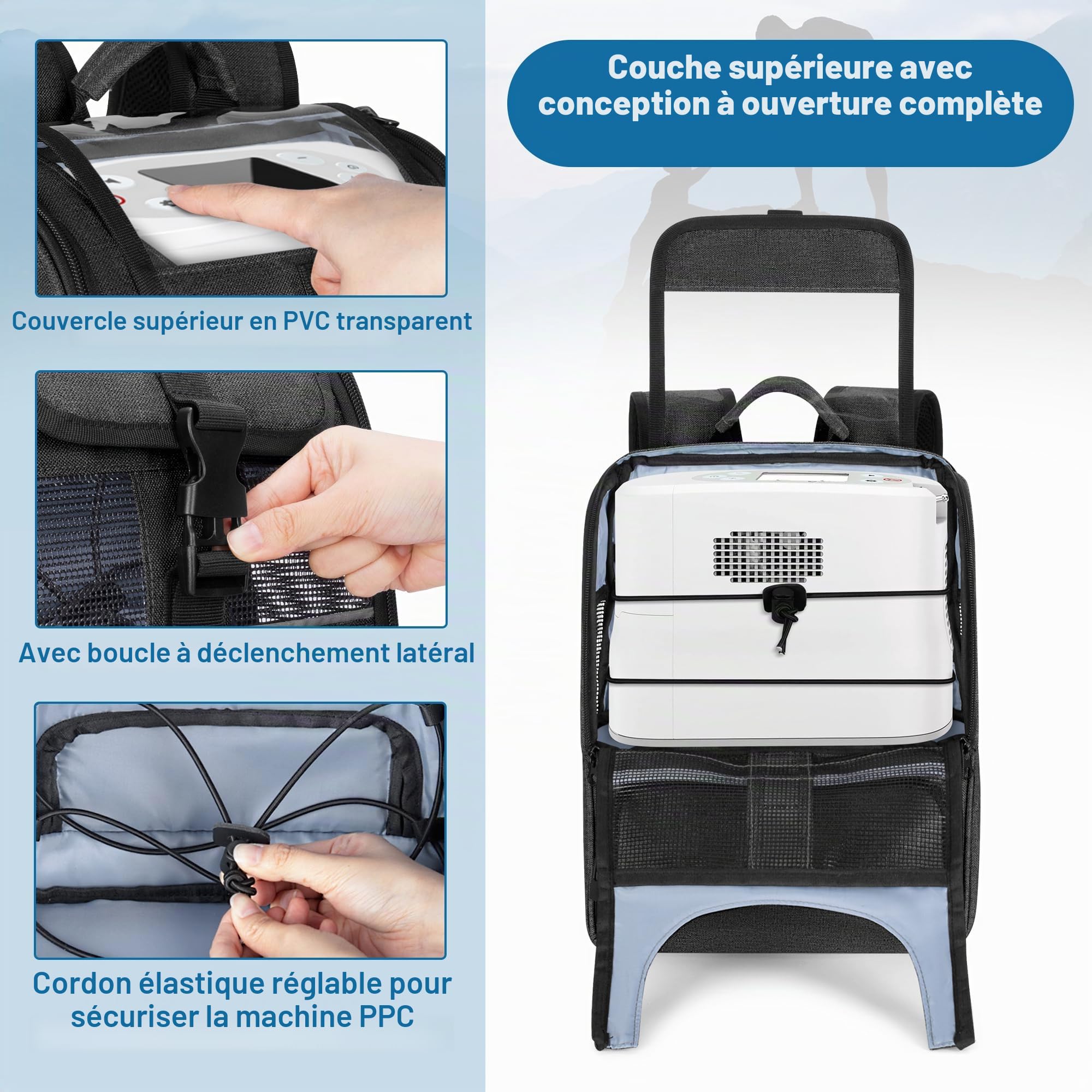 CURMIO Sac à dos pour concentrateur d'oxygène, Sac de transport léger pour machine à oxygène compatible avec Rhythm Healthcare P2 P2-E6 P2-E7 (Sac Uniquement), Noir