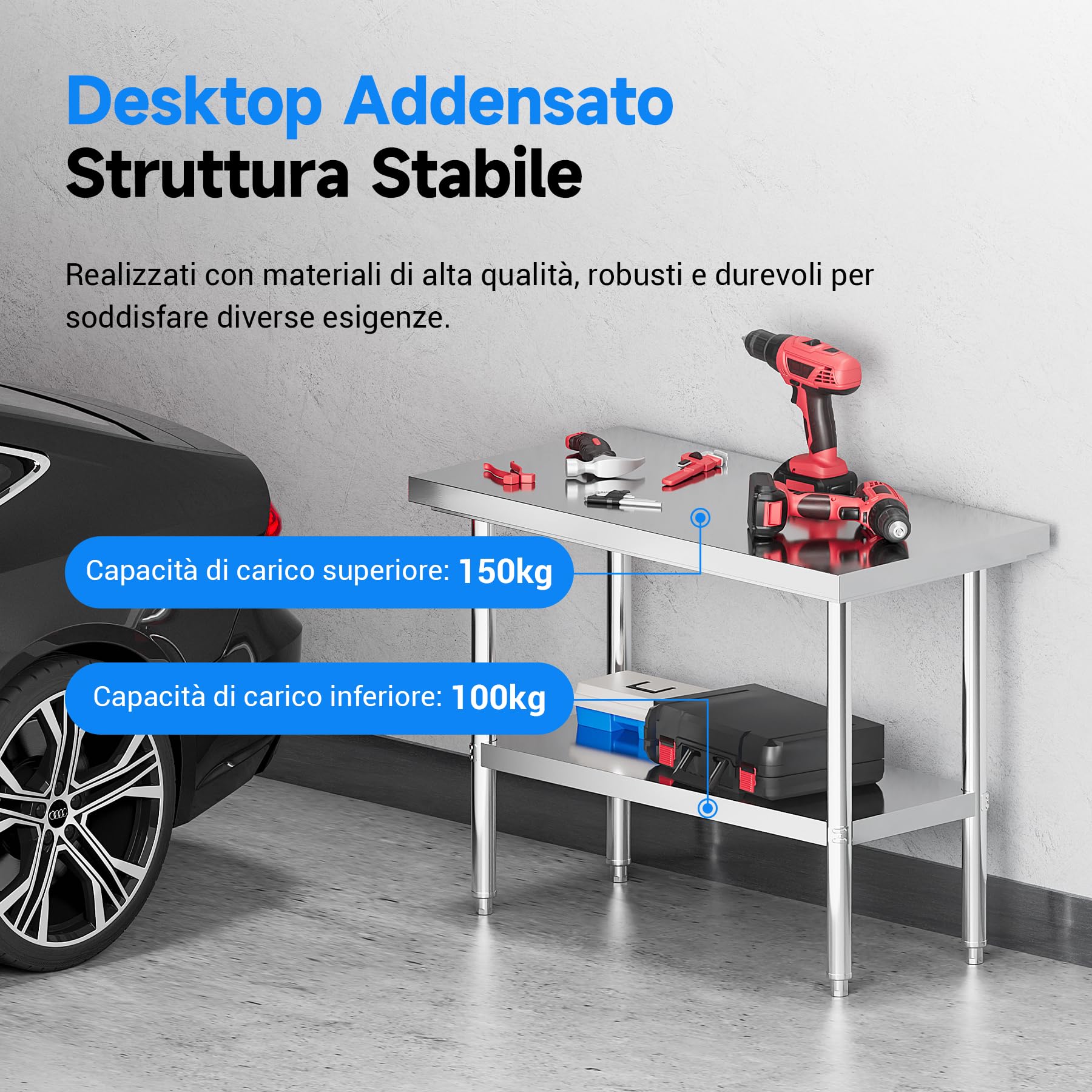 LEEVOT Tavolo da Cucina Professionale in Acciaio Inox, 2 Ripiani in Legno e Acciaio, per Cucine Professionali, Laboratori, Ristoranti e Bar, Capacità di Carico 150KG/100KG (120x80cm)