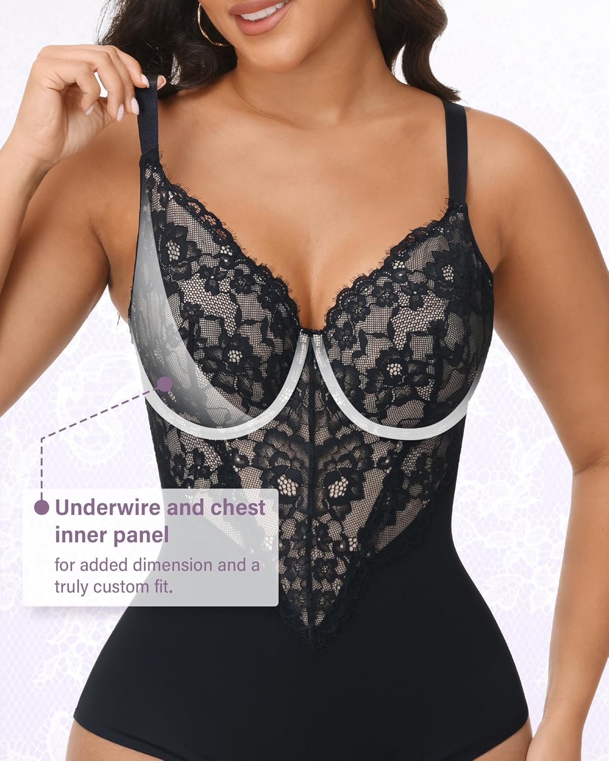 SHAPSHE Lace Shapewear Bodysuit with Built in Bra V Neck Full Body Shaper Tummy Control
