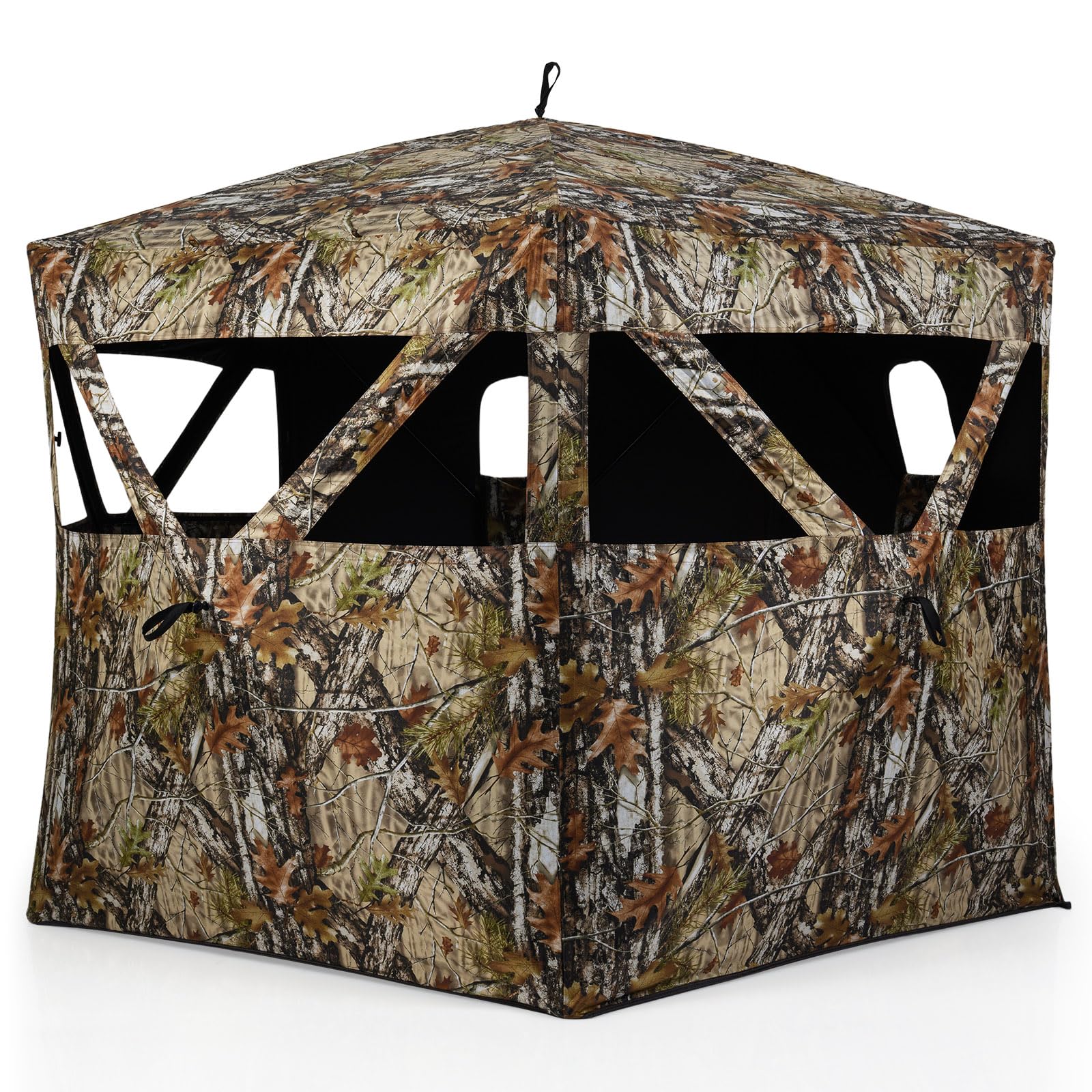 GYMAX Tienda de Caza Portátil para 2 Personas, Puesto de Caza Camuflada con Ventanas Silenciosas, Paneles de Seguridad Naranjas, Bolsa de Transporte, Refugio Oculto Emergente para Ciervos y Pavos