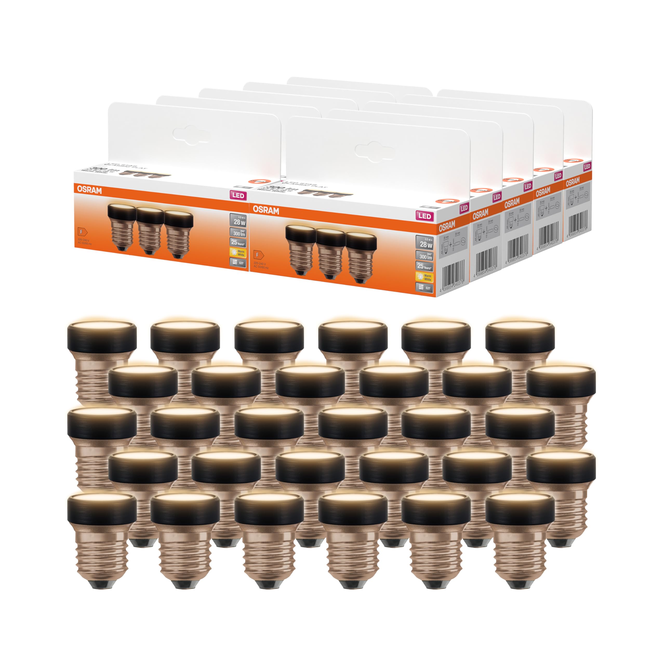 Osram LED FLAT Lampe, Vorteilspack mit 30 Leuchtmittel, ultra-kompakte LED Lampe, ersetzt herkömmliche 28W Glühbirnen, 3.5W, warmweiß (2700K), matt, E27