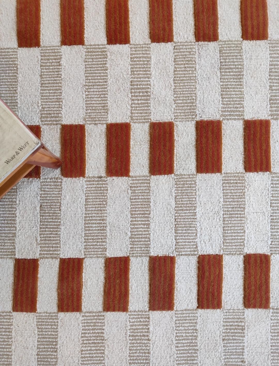 Tufted Area Rug, Checkered Pattern, Pink Scalloped Border, Rust and Beige Stripes, Textured Woven Design (270 * 270 cm)