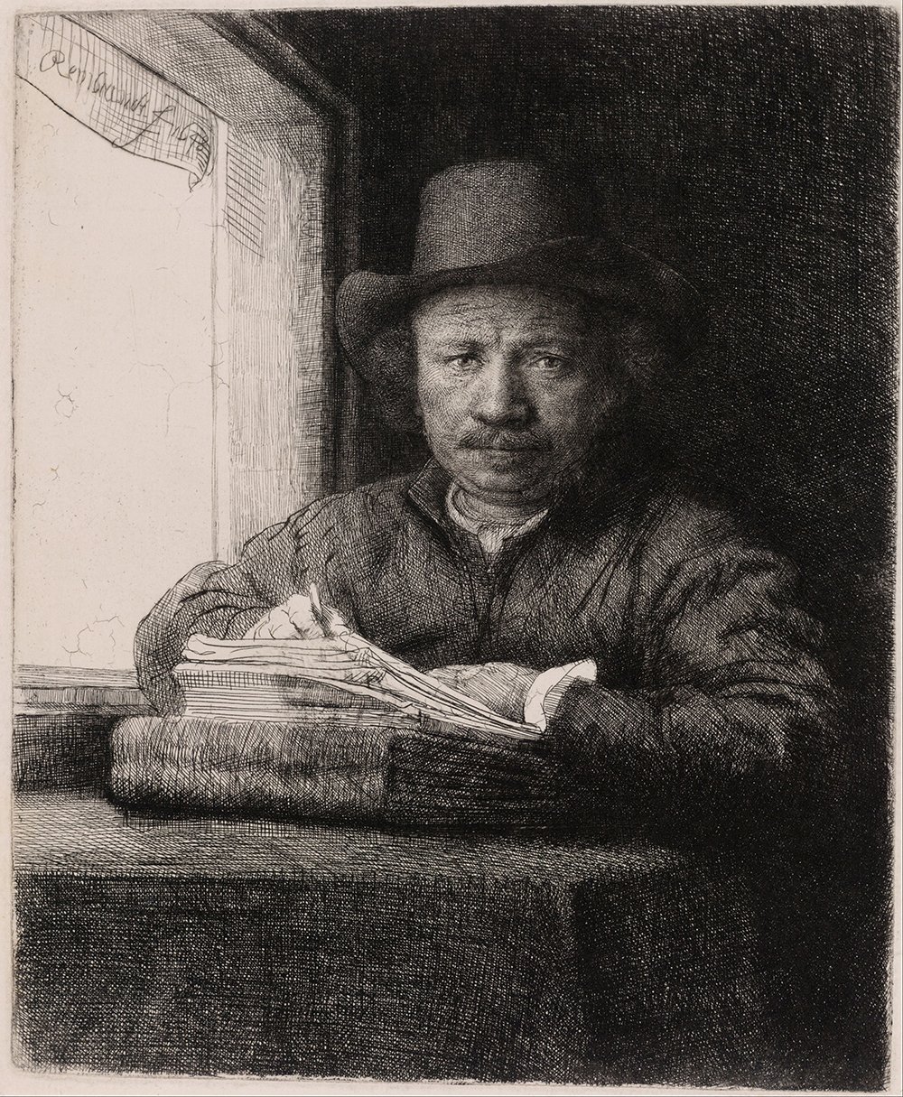 Dessin autoportrait de Rembrandt à la fenêtre impression mat grand format au regard intense