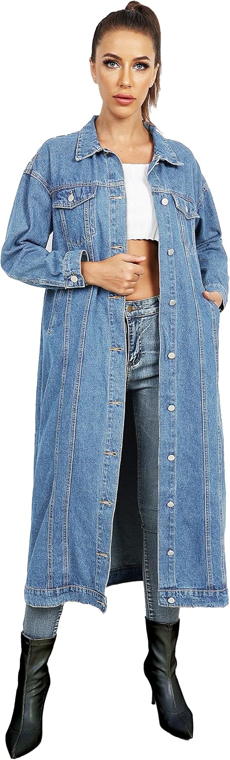 Womens Classic Jean Jacket Plus Size Loose Long Sleeve Button Down Denim Trench Coat - Image 5