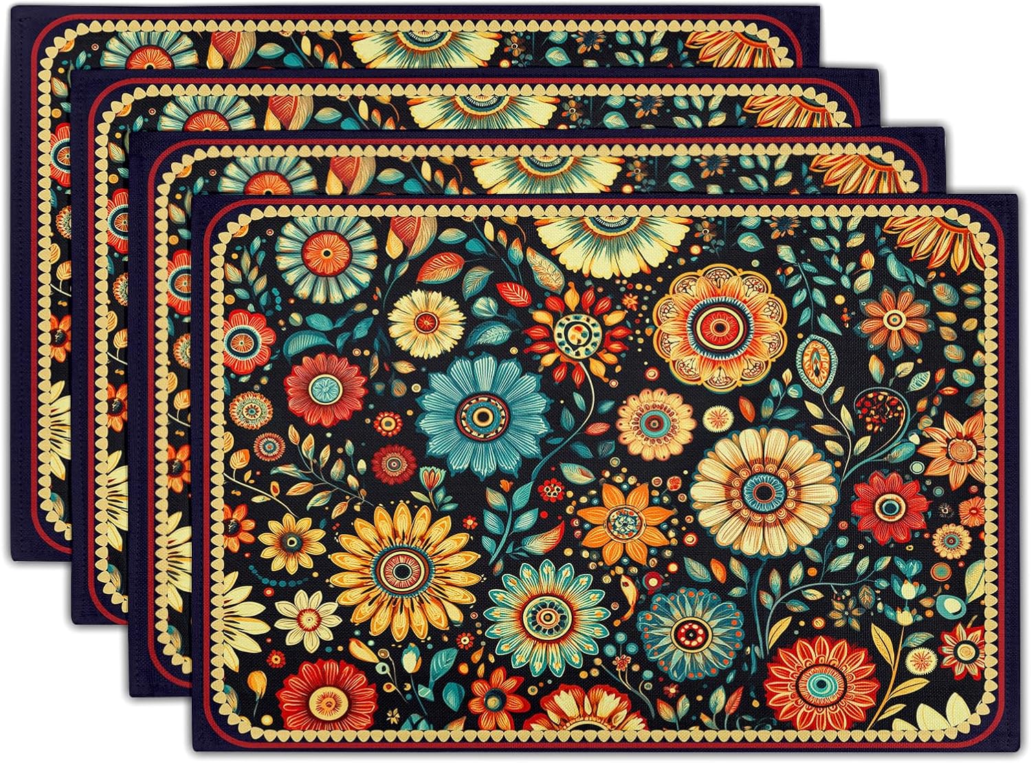 Boho Florals Placemat Set of 4 Colorful Flower Linen Place Mat for Home Decor