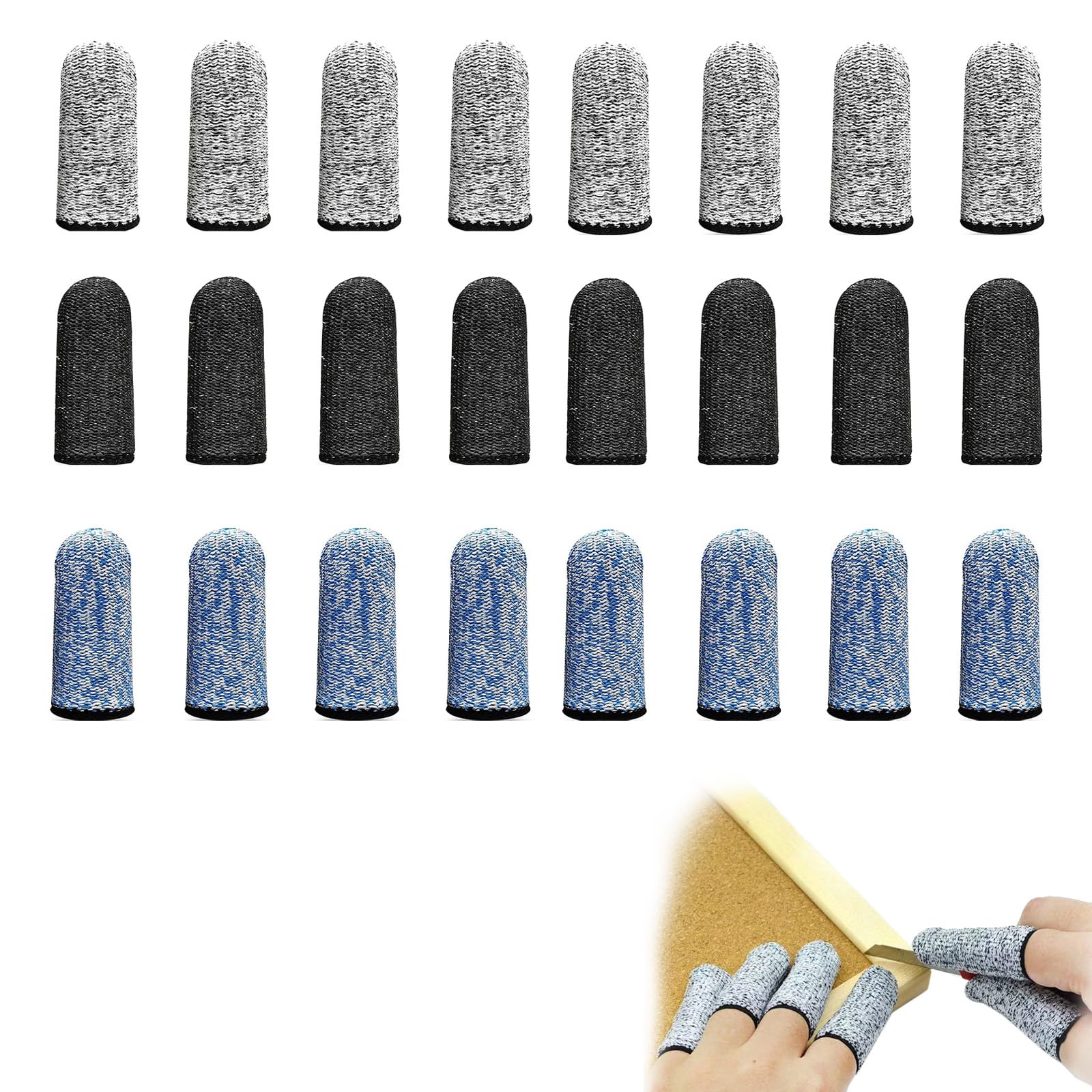 Lot de 24 Protège-doigts Réutilisables Antidérapants et Respirants, Résistants aux Coupures pour le Travail, la Cuisine, le Jardinage et les Activités Manuelles, Bleus, Noirs, Gris