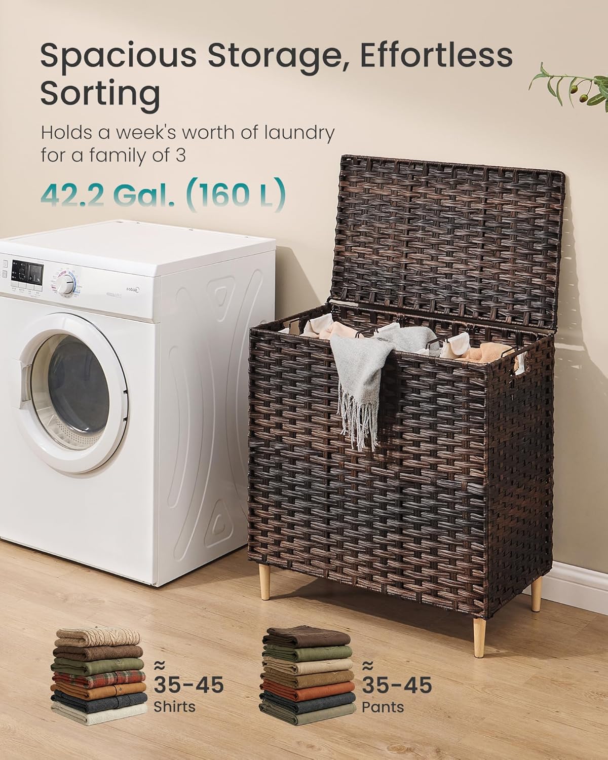 SONGMICS 3-Section Laundry Hamper with Lid, 42.2 Gal (160L) PE Rattan Laundry Basket with Removable Washable Liners, for Bedroom & Living Room, Chestnut Brown ULCB223ME01