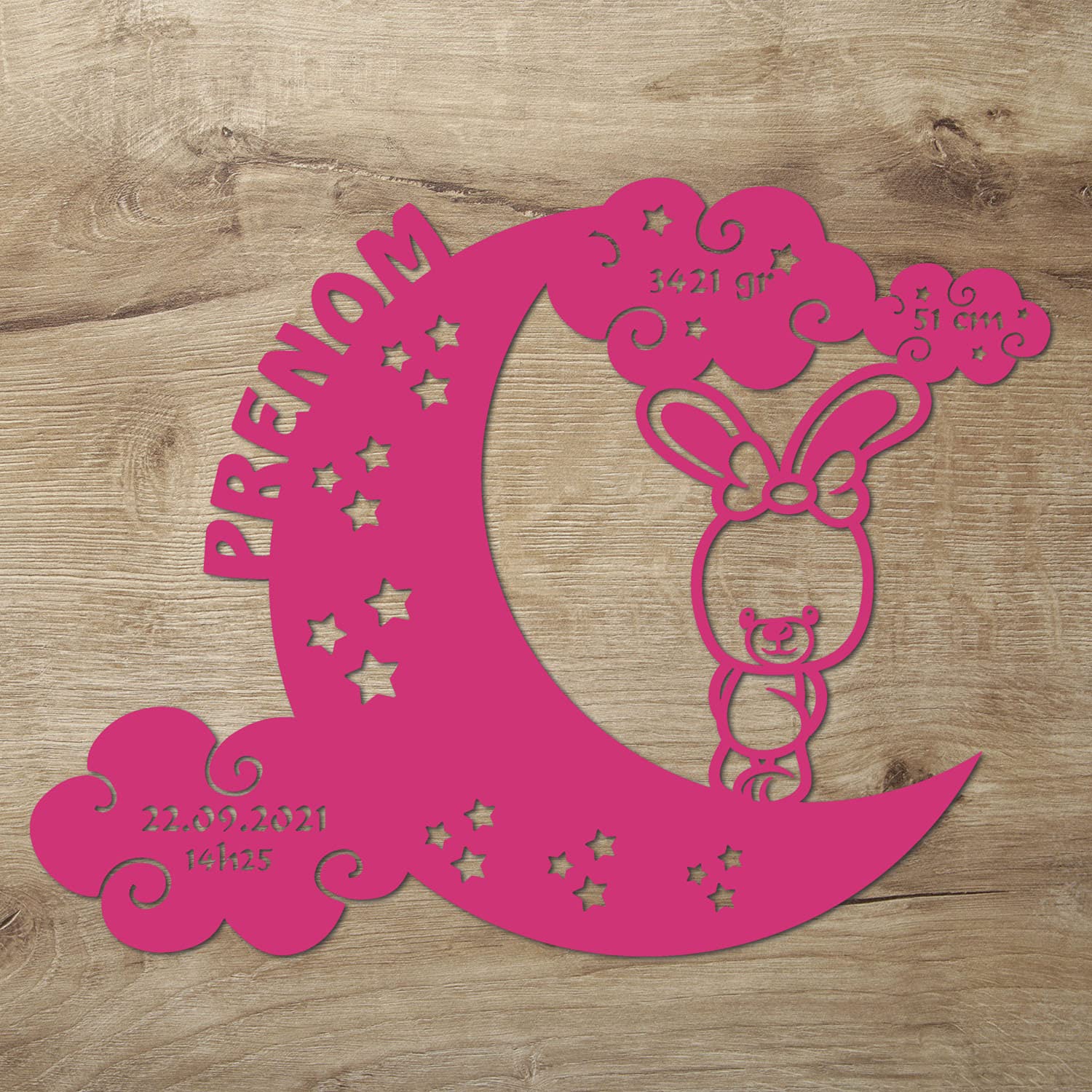 Namofactur Lampe Led Murale – Veilleuse Lapin Sur Lune Pour Bébés – Prénom, Date De Naissance, Poids Et Taille Personnalisable - Idée De Cadeau Pour Nouveau-Nés, Parents, Anniversaire