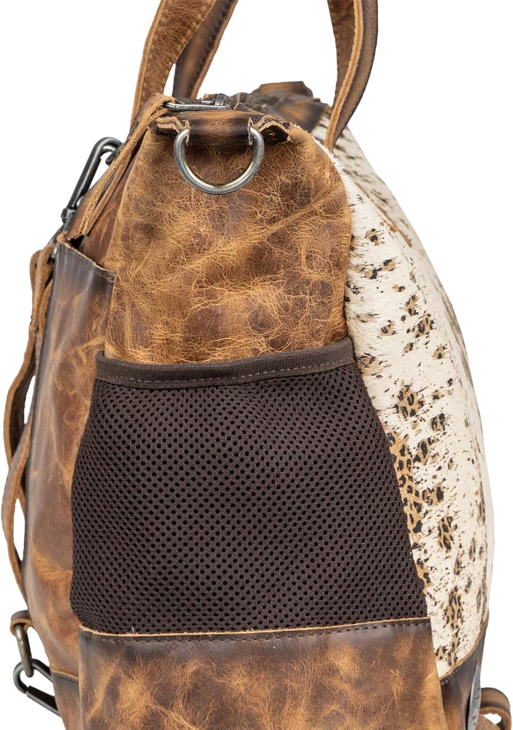 STS Ranchwear Serengeti Amelia Durable Secure Versatile Leather Multi-Bag with Baby, Cream Cowhide/Leopard Print/Brown