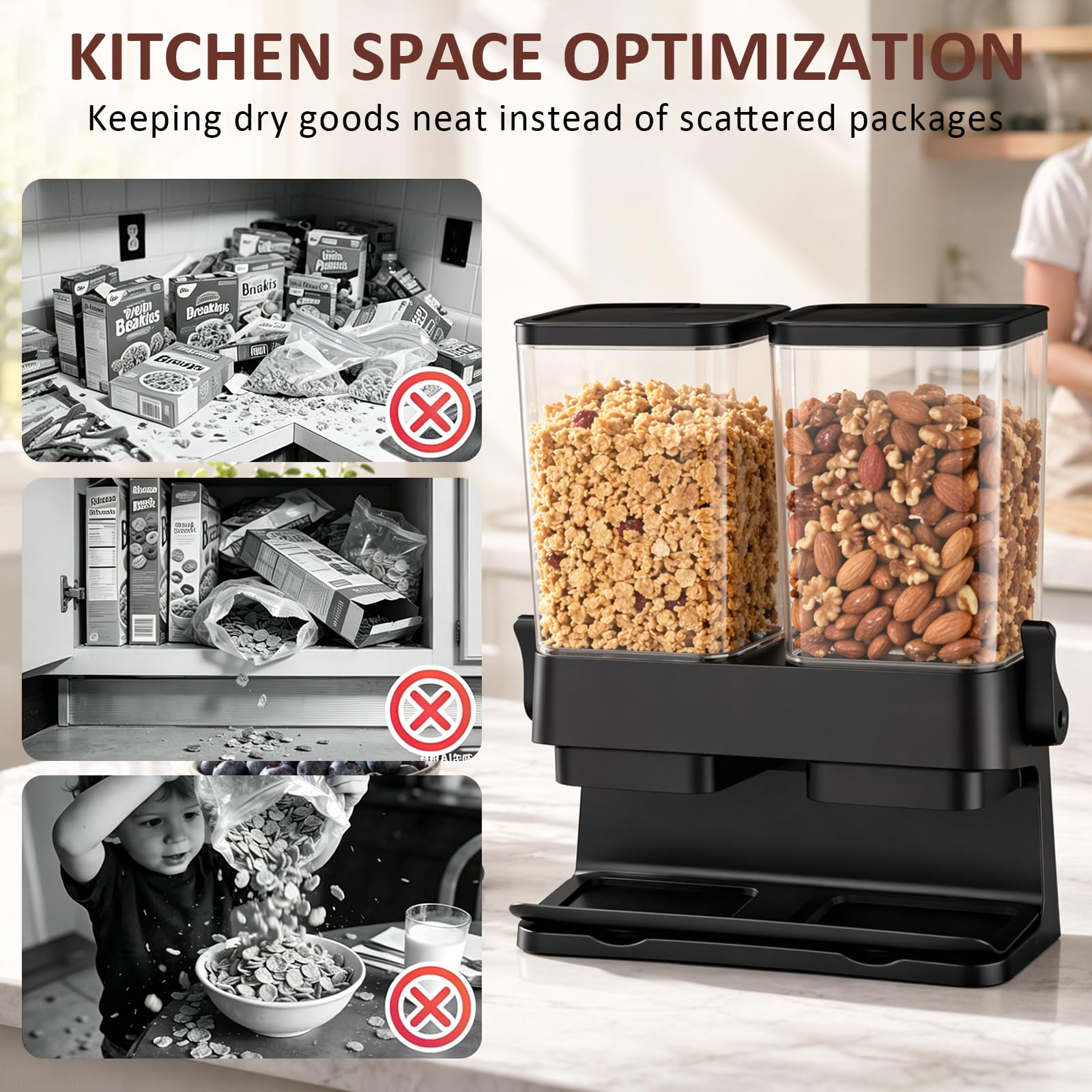Dispenser per cereali, confezione da 2 pezzi, 3 l, ermetico, doppio dispenser per fiocchi di cereali, contenitore organizer per fiocchi di colazione, dispenser per riso, noci, chicchi di caffè, cibo