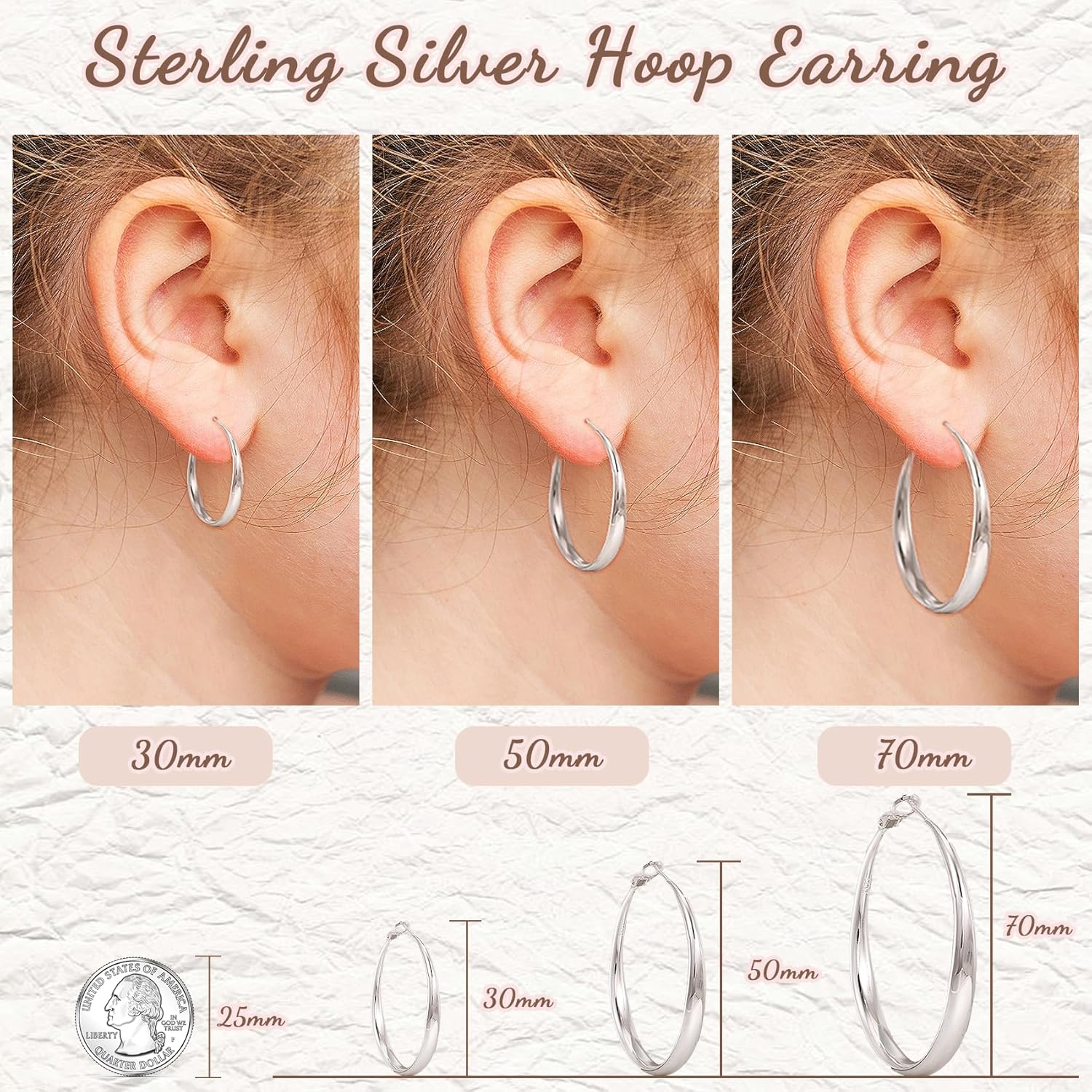 PABBEU S925 SterlingSilver Hoop Earrings Hypoallergenic Silver Hoop Earrings for Women Lightweight Large Sterling Silver Hoops Earring 30/50/70mm - Image 5