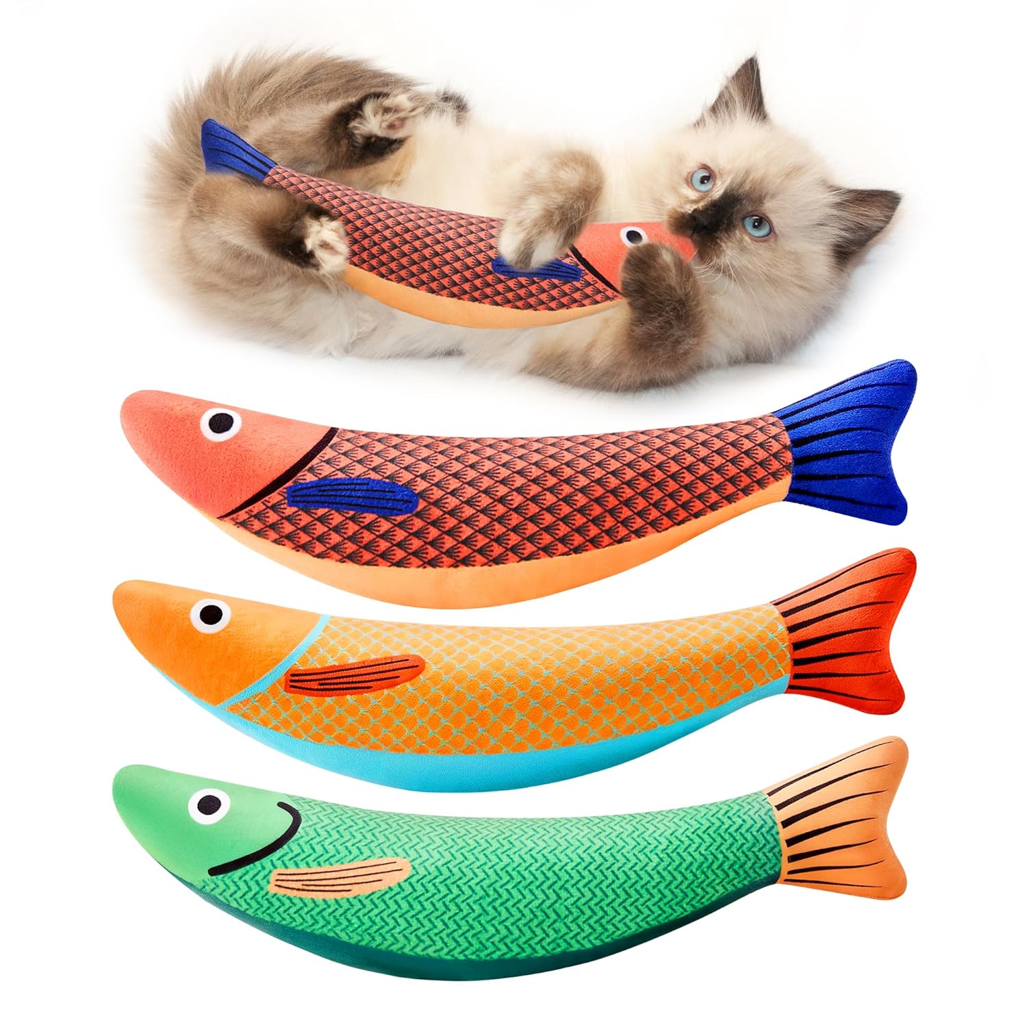 Potaroma Cat Toys Saury Fish 3 Pack Catnip Crinkle Sound Soft and Durable Interactive Kitten Kicker for Indoor