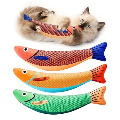 Potaroma Cat Toys Saury Fish, 3 Pack, Catnip Crinkle Sound, Soft and Durable, Interactive Kitten Kicker for Indoor Kitty Exercise 9.4 Inches for All Breeds