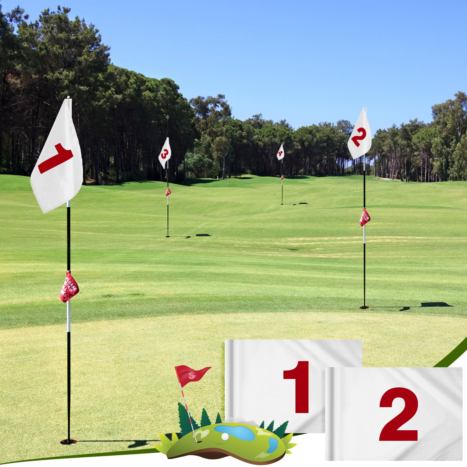 9 Stück große nummerierte Golfflaggen mit Schlauch eingesetzt, 50,8 cm L x 35,6 cm H, übergroße Putting grüne Flaggen, weiße Nummer 1-9, 420D Nylon-Flagge für Hof, Innen- und Außenbereich, Hinterhof,