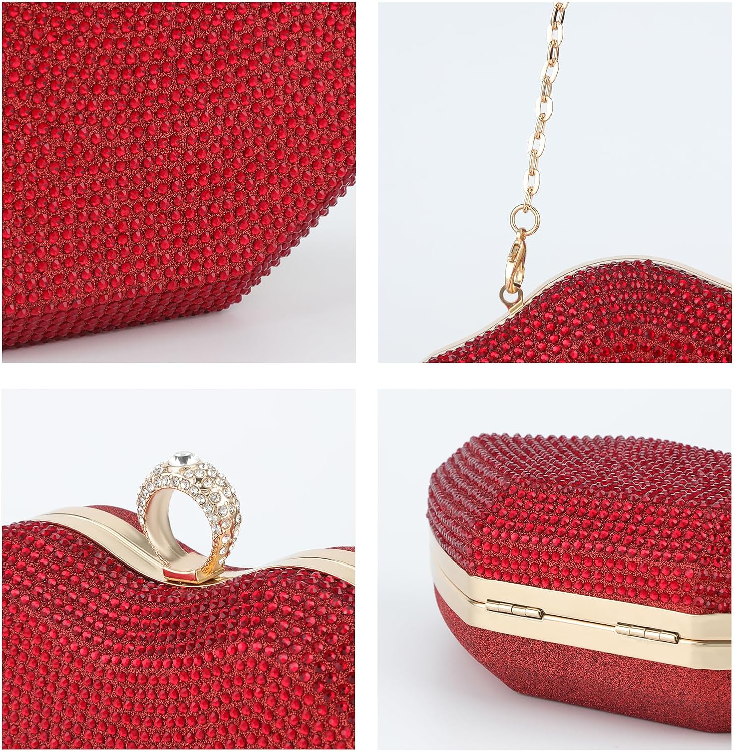 Rhinestone Clutch Purse for Women Sparkling Lip Party Evening Bag Small Crossbody Bag Shiny Shoulder Handbag for Wedding Prom Party Date Red - Image 7